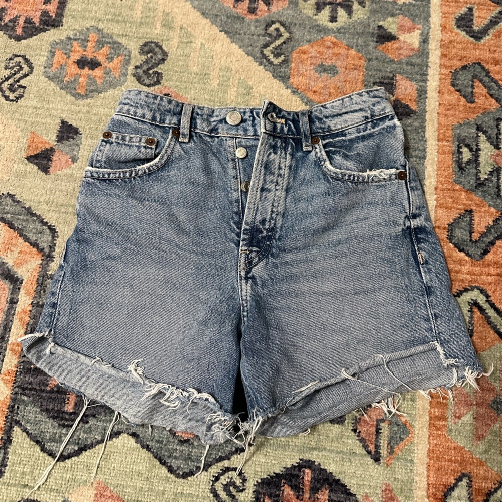 Zara Blue High-Waist Frayed Hem Jean Shorts